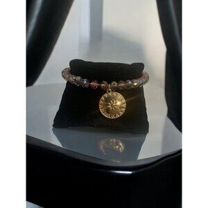 Gold Coin Charm Beaded Bracelet Iridescent Crystal Stretch Boho Chic Jewelry Gi